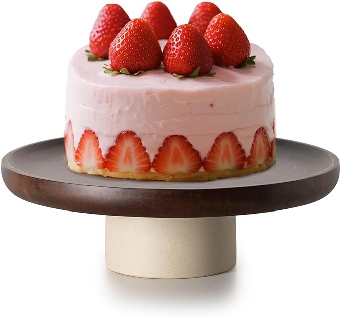 CEEFU 9 inch Rustic Acacia Wood Cake Stand - Natural Wooden Clay Wedding Cake Pedestal Serving Stand for Cupcake Dessert Bites Display in Party, Birthday, Beautiful Farmhouse Kitchen Decor