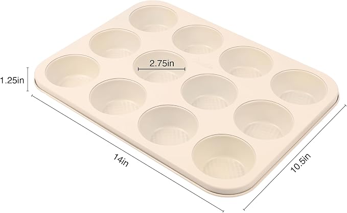 David Burke 12-Cup Muffin Pan, Carbon Steel, PFTE & PFOA Free, Oven Safe, Diamond Textured Surface – Cream