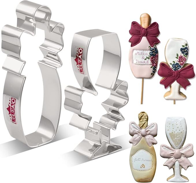 LILIAO Champagne and Champagne Glass with Ribbon Cookie Cutter for Wedding/Engagement - Stainless Steel