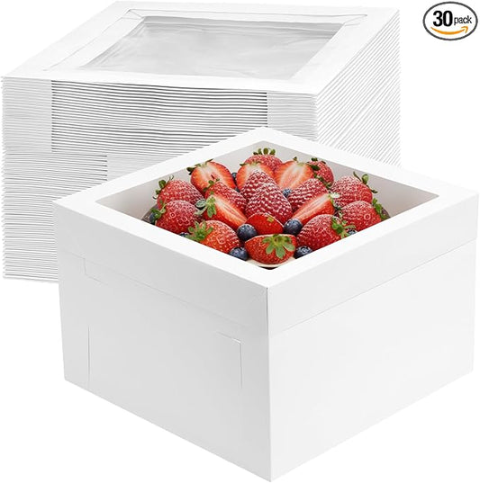 Moretoes 30pcs Cake Boxes 12x12x8 Inch, Bakery Containers with Large Window, 12 Inch White Cake Carrier, Disposable Boxes for Birthday, Party, Cupcake Cookie Pie Pastry