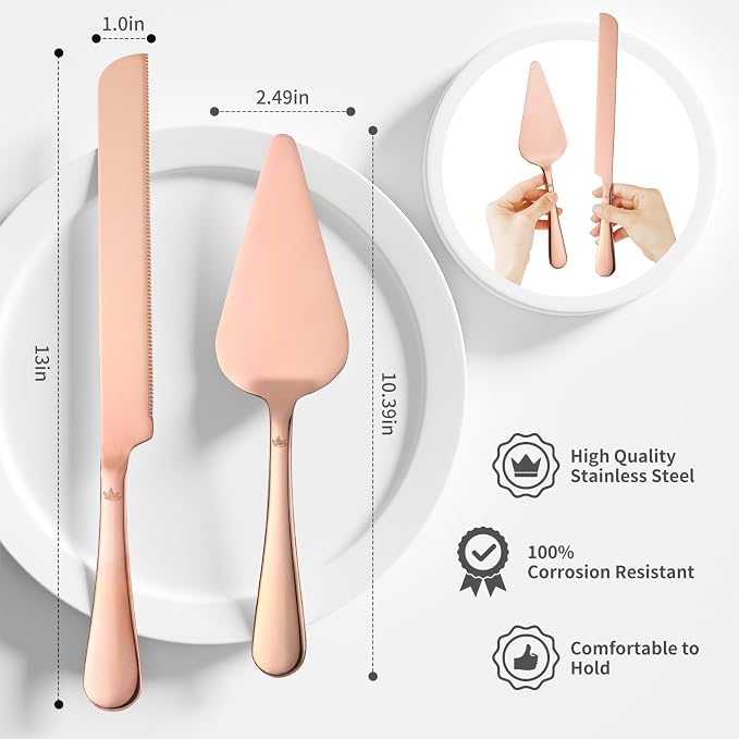 SANEXC Cake Cutting Set for Wedding - Extended Cake Knife And Server Set Thickened Stainless Steel Cake Cutter and Pie Spatula Great for Birthday Anniversary Christmas Gift Rose Gold 2 Pcs