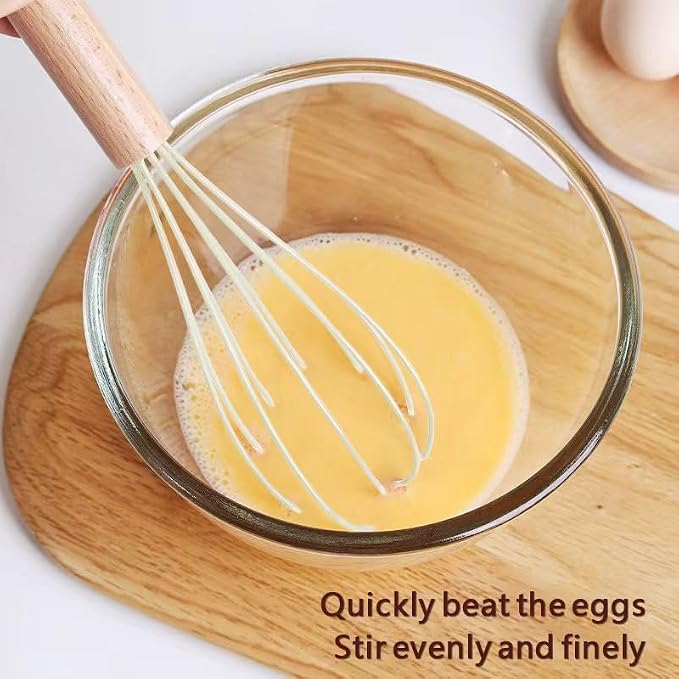 10 "Silicone Whisk with Wood Handle, suitable for mixing, stirring, stirring, cooking, baking, suitable for pancake batter, eggs, cake powder, mixing, gravy, and sauce (black)