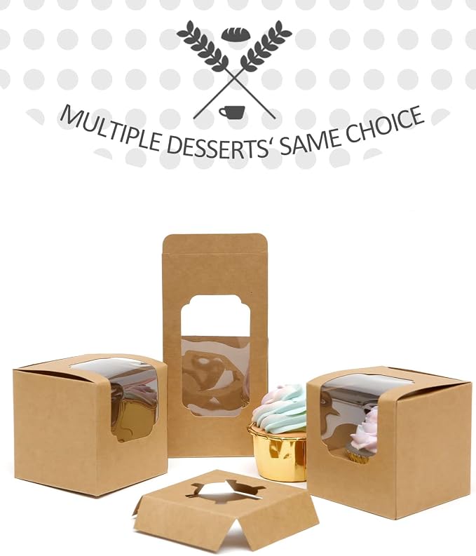 qiqee Auto-pop up Cupcake Boxes 100-Packs Individual Cupcake Container Brown Kraft 3.5" x 3.5" x 3.5" Single Cupcake Boxes