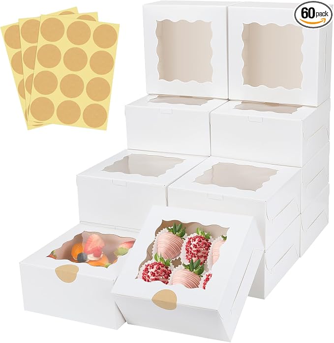 60 Pcs Bakery Boxes with Window, 6 x 6 x 3 Inches, White Cookie & Pastry Boxes for Baked Goods