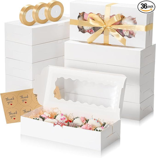 36 Pack Cookie Boxes with Window, 12.5x5.5x2.5 Inches Bakery Boxes with Ribbon and Sticks, Treat Box for Chocolate Covered Strawberries, Hot Cocoa Bombs, Pastries, Donuts, Muffins