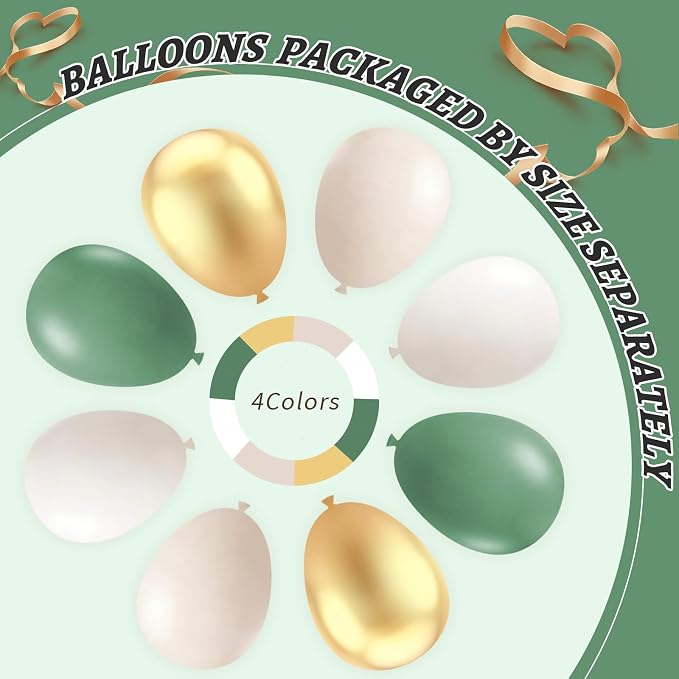 412Pcs Sage Green White Sand Gold Balloons Garland Arch Kit,18 12 10 5 Inch Different Sizes Balloons for Baby Shower Wedding Birthday Gender Reveal Party Decoration