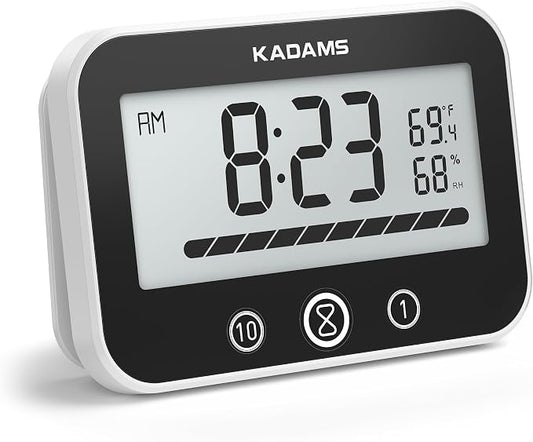 KADAMS Shower Timer Clock Waterproof Bathroom Timer – Digital Wall Clock with Countup Countdown, Magnetic Kitchen Timer Clock Temperature, Suction Cup Kids Shower Spa Cook Bath (Black, Rectangular)