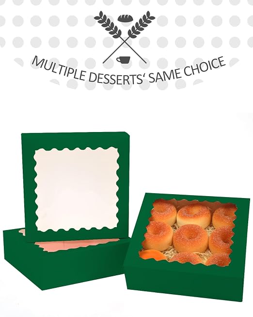 qiqee Green Pastry Box With Window 8x8x2.5 inch Donut Pie Boxes 30pcs Bakery Box Auto-pop up