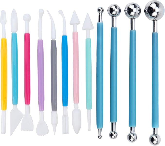 Antrader Cake Decorating Metal Ball Fondant Tool,(8Pcs + 4Pcs) | Double Ended Sculpting Tools Set for Cake Flower Sculpture Pottery