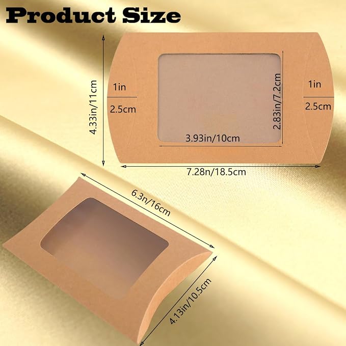 50 Pcs Pillow Gift Boxes with Windows,Kraft Paper Mini Pillow Packaging Box, Creative Favor Box Folding Treat Boxes with Clear Window for Bakery Candy Chocolate Jewelry Display Wedding Party Favor (kraft-Big)