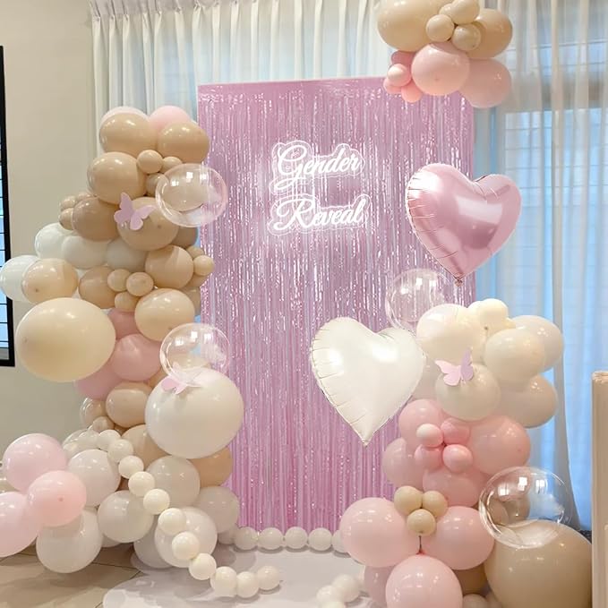 157Pcs Pastel Pink and White Balloons Garland Arch Kit with Fringe Curtain for Woman Girl Princess Birthday Bridal Baby Shower Gender Reveal Engagement Wedding Valentine's Day Party Decorations