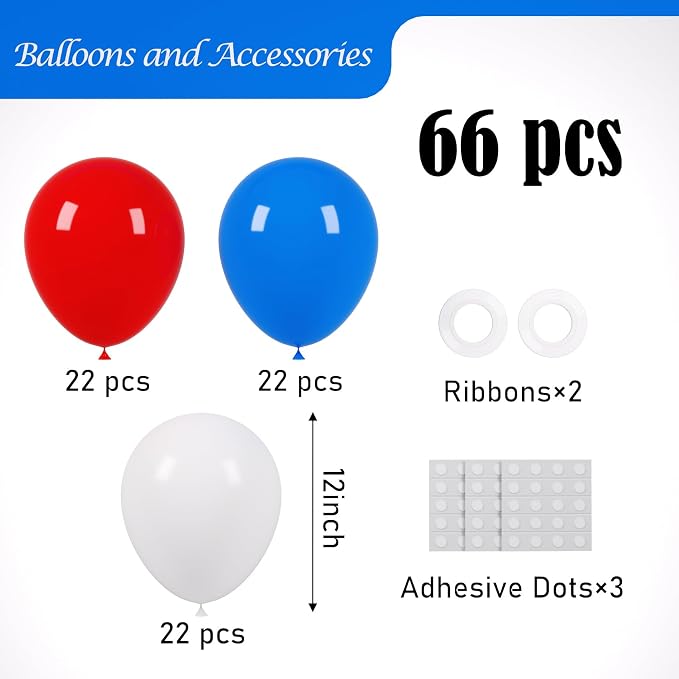 Voircoloria Red White Blue Balloons, 66pack 12inch Macaron Latex Party Balloons for Birthday Graduation 4th of July Independence Day Anniversary New Year Holiday Party Decorations