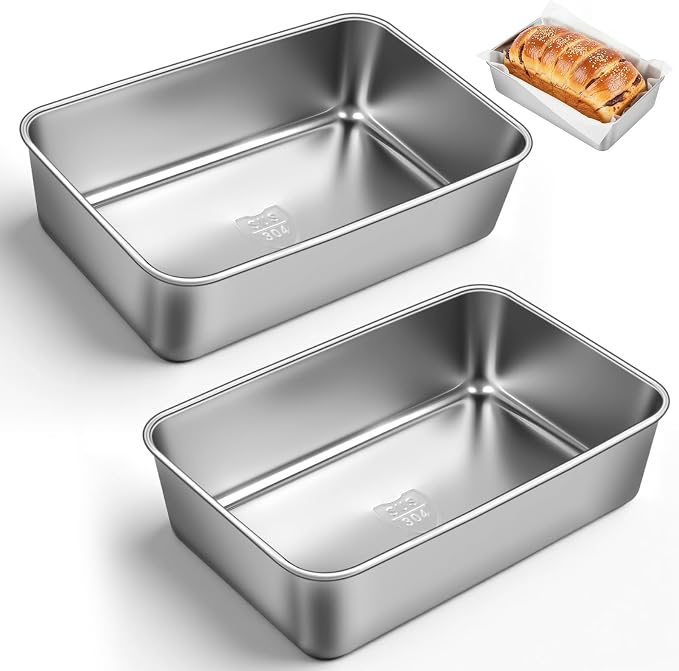 8.8 × 5.9 Inch 304 Stainless Steel Loaf Pans for Baking Bread, Set of 2 Heavy Duty Metal Bread Pan, Oven & Dishwasher Safe Bakeware for Meatloaf, Cake & Brownies, Even Heat Baking Performance