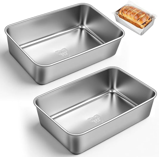 8.8 × 5.9 Inch 304 Stainless Steel Loaf Pans for Baking Bread, Set of 2 Heavy Duty Metal Bread Pan, Oven & Dishwasher Safe Bakeware for Meatloaf, Cake & Brownies, Even Heat Baking Performance