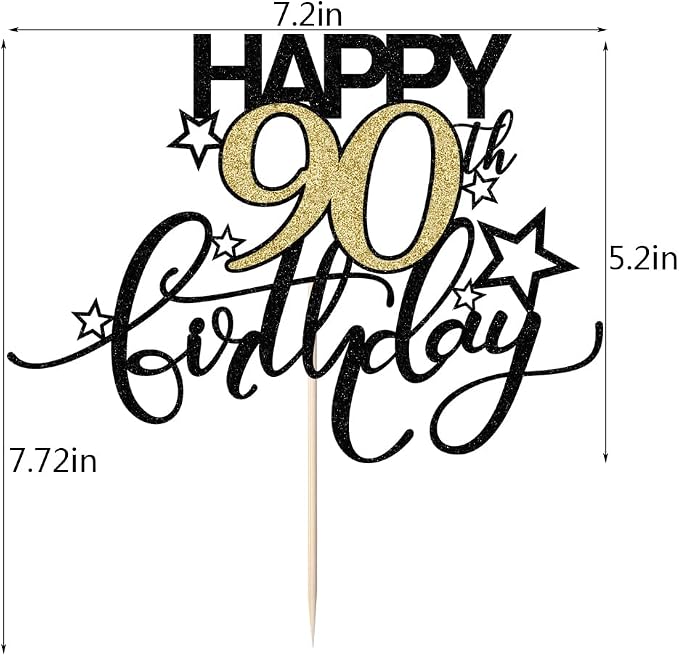 Happy Birthday Cake Topper,Black font Golden Numbers 90th Birthday Cake Decoration，Hello 90, Cheers to 90Years/90th Anniversary ，90& Fabulous Party Decoration