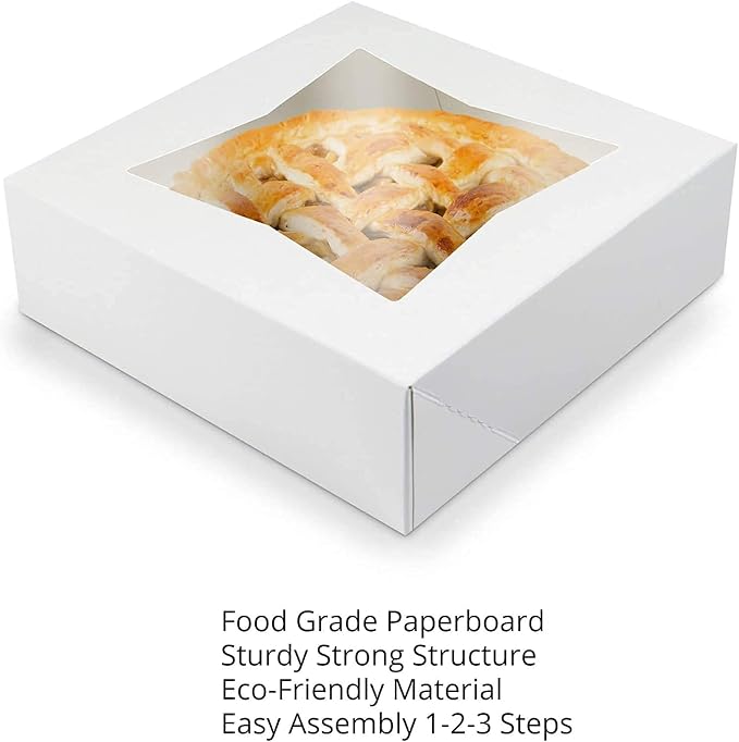 O’Creme White Bakery Boxes with Window 12 x 12 x 2.7 in, Pack, Display Pies, Pastries, Cupcakes and Cookies | Paperboard White Auto-Popup Window Cake Boxes, Pie Pastry Container Carrier - Pack Of 5