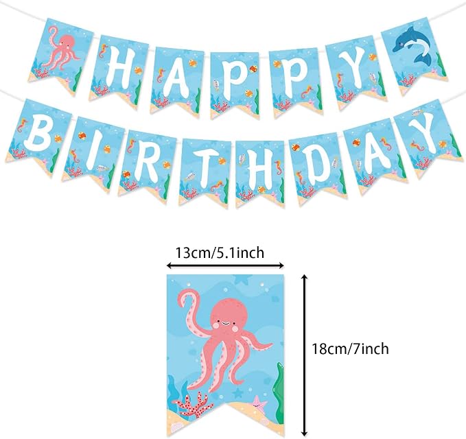 Zwiebeco Sea Animals Happy Birthday Party Decoration Banner Bunting Garland Hanging Paper Swirls Kit for Ocean Under The Sea Animals Marine Life Themed Boys Girls Kids Accessories Supplies
