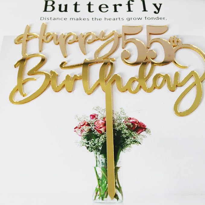 Happy 55th birthday cake Topper,Mirrored Gold Acrylic Durable Cake Topper,55th Birthday Party Cake Decorations,Hello 55th years old, Happy fifty-five years old, Birthday Party Decorations