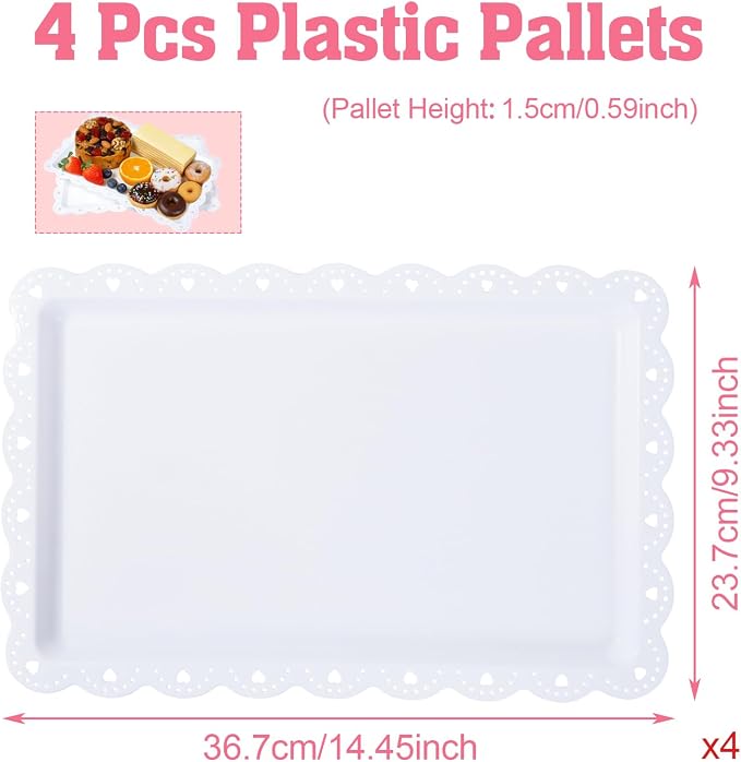 Frigg 4 Pack Serving Trays for Party with Lace Rim,Rectangle Food Trays, Reusable White Plastic Serving Platters Food Display for Birthday Party, Wedding, Restaurant, 14.45" x 9.33"