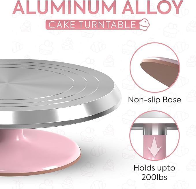 Riccle Rotating Cake Stand – 12" Aluminium Alloy Revolving Cake Turntable | Cake Decorating Kit with Offset Spatula, Icing Smoother Scrapers, Silicone Spatula & Cake Server | Cake Decorating Supplies Set
