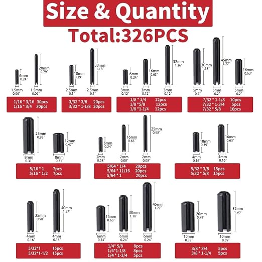 326PCS Roll Pin Set - 24 Sizes Spring Dowel Tension Roll Pins - 1/8 1/4 3/8 1/16 5/64 3/32 5/16 5/32 7/32 Split Expansion Pin Assortment Kit for Home Improvement
