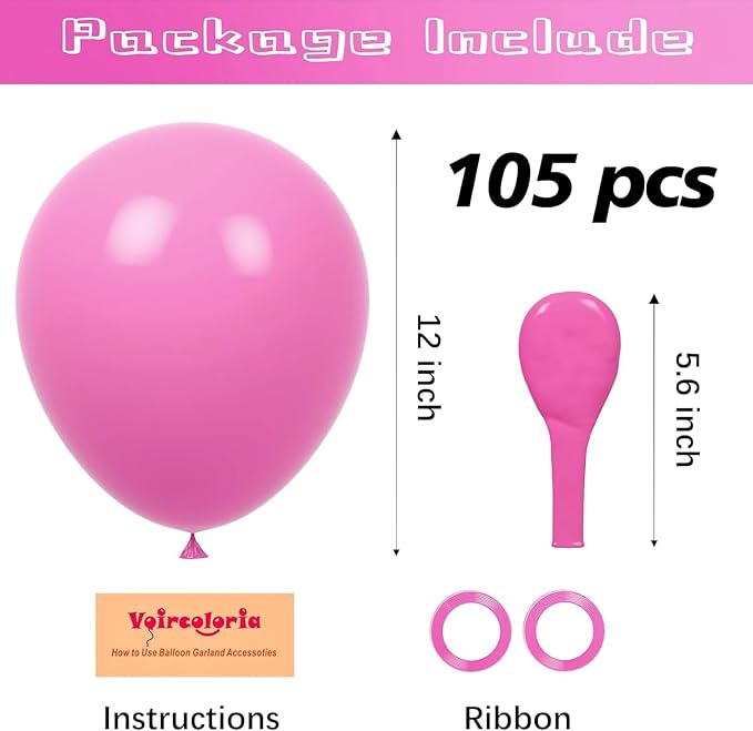 Voircoloria 105pcs Retro Hot Pink Balloons 12inch Party Latex Balloons for Boys Girls Birthday Baby Shower Gender Reveal Wedding Sunflower Party Decorations