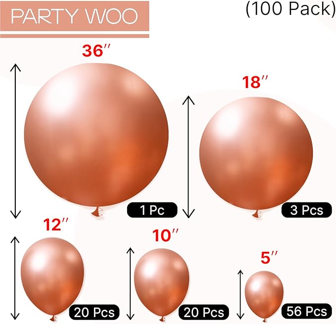 PartyWoo Rose Gold Balloons 100 pcs Different Sizes of 36 18 12 10 5 Inch Gold Balloon Arch Kit Garland for Birthday Graduation Bachelorette Bridal Shower Wedding Party Decorations Rose Gold-G107