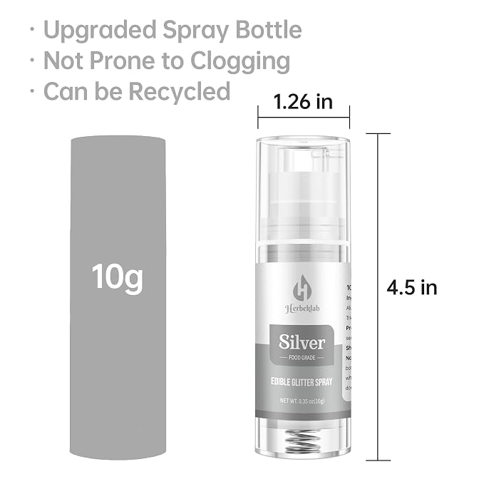 Silver Edible Glitter Spray – Herbeklab 10g Food Grade Edible Shimmer Spray for Cakes, Cookies, Chocolate, Strawberries, Drinks and Cocktails– Upgraded Bottle Design