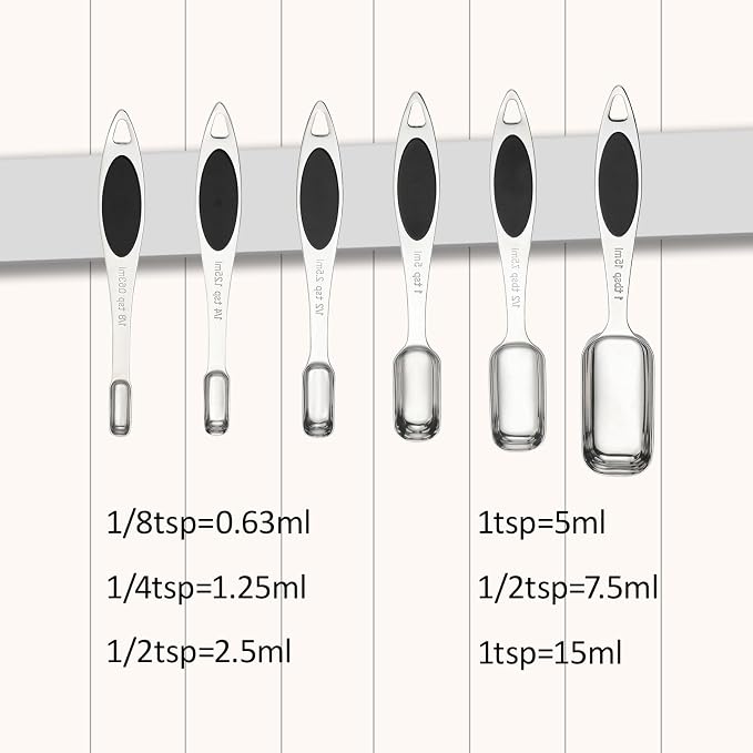 Magnetic Measuring Spoons Set of 7,Stainless Steel Measuring Spoons with Leveler,Nesting Measuring Spoon for Dry & Liquid Ingredients (7, Black)