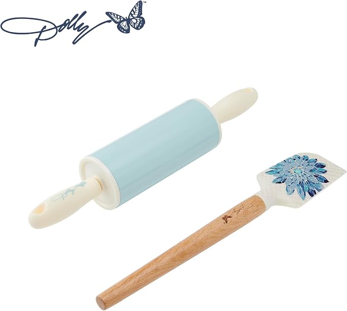 Dolly Parton Mini Spatula and Rolling Pin Set, Heat-Resistant Silicone Spatula and Nonstick Rolling Pin with Blue Accents Kitchen Utensils for Baking, Cooking and Decorating, 2 Piece