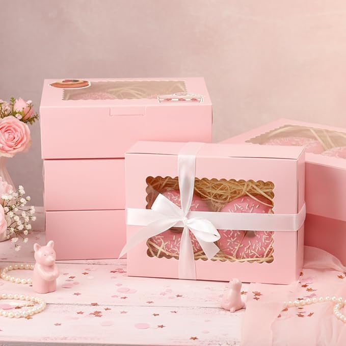 OAMCEG 30 Pack Cookie Boxes with Window, 8x6x2.5 Inch Bakery Treat Boxes for Christmas Holiday Gift Giving, Desserts, Donuts, Pastries-Pink
