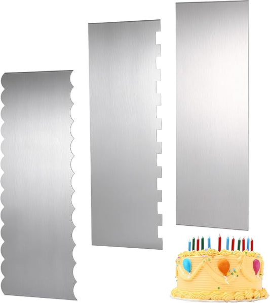 JJUNW 3 Pcs Stainless Steel Cake Scraper, 8.7 inch Double Sided Patterned Edge Stripe Edge Smoother Scraper, Metal Cake Scraper Cake Decorating Comb for Butter Mousse Cream Decoration