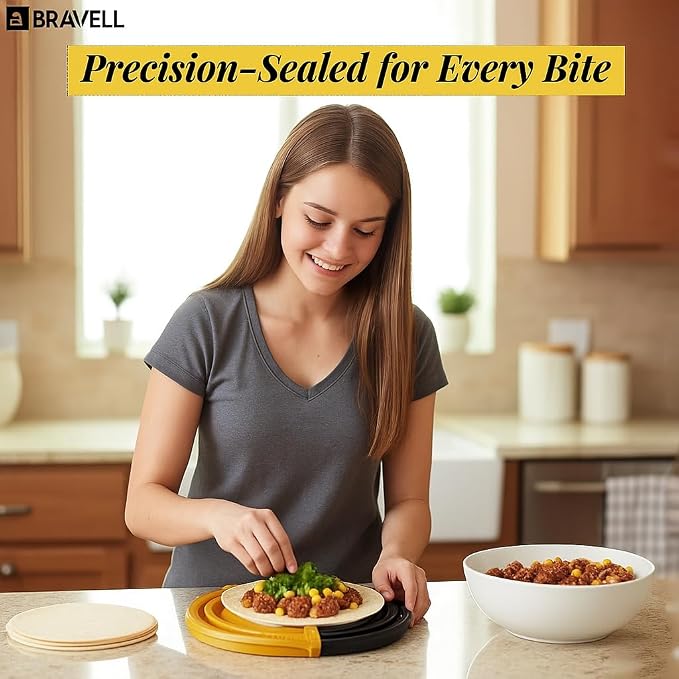4-in-1 Tortilla Sealer (10+8+6+4 Inch) Crimper & Empanada Maker Press - Make Tortillas, Dumplings & More with Easy-Clean Food-Grade Plastic Tool with User Manual in Yellow/Black