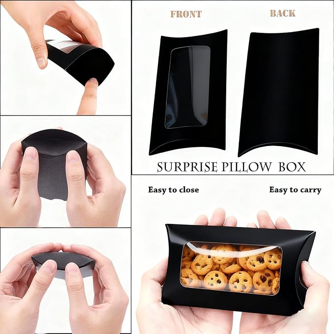ZAJINJABD 50 Pcs Kraft Pillow Gift Boxes with Clear Windows, Sturdy Mini Folding Treat Boxes for Candy, Bakery, Chocolate, Jewelry, Wedding Party Favors