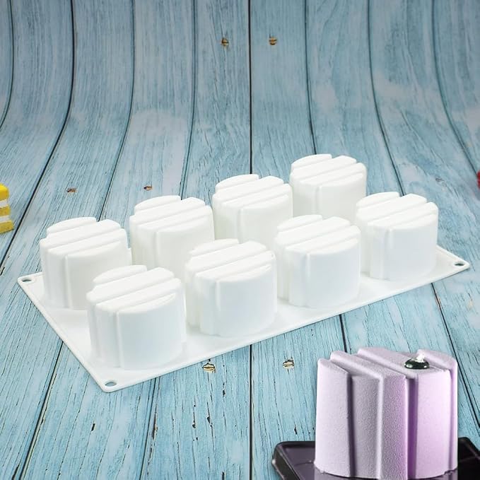 3D Small Cylinder Square Shape 8 Holes Non-stick Silicone Mold for DIY Pastry Jelly Cupcakes Mousse Ice Cream Chocolate Utensil (Cylinder Square I_11.88 X6.8 X1.76 inch)