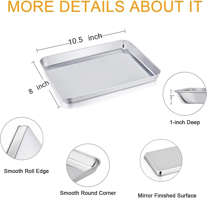 TeamFar Toaster Oven Pans Set of 4, Stainless Steel Compact 10.5 x 8 x 1 Inch Baking Roasting Pan Professional, Healthy &Heavy Duty, Easy Clean & Dishwasher Safe, Deep Edge & Mirror Surface