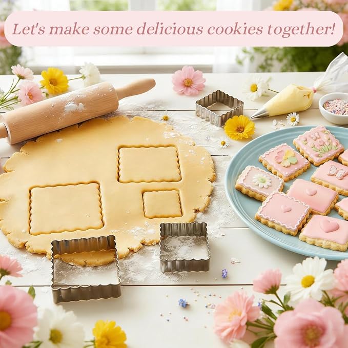 Square Cookie Cutter Set, 3 Pcs Wavy Edge Stainless Steel | Three square sizes with scalloped edges for cookies, biscuits, donuts, fondant, pastries and kitchen baking
