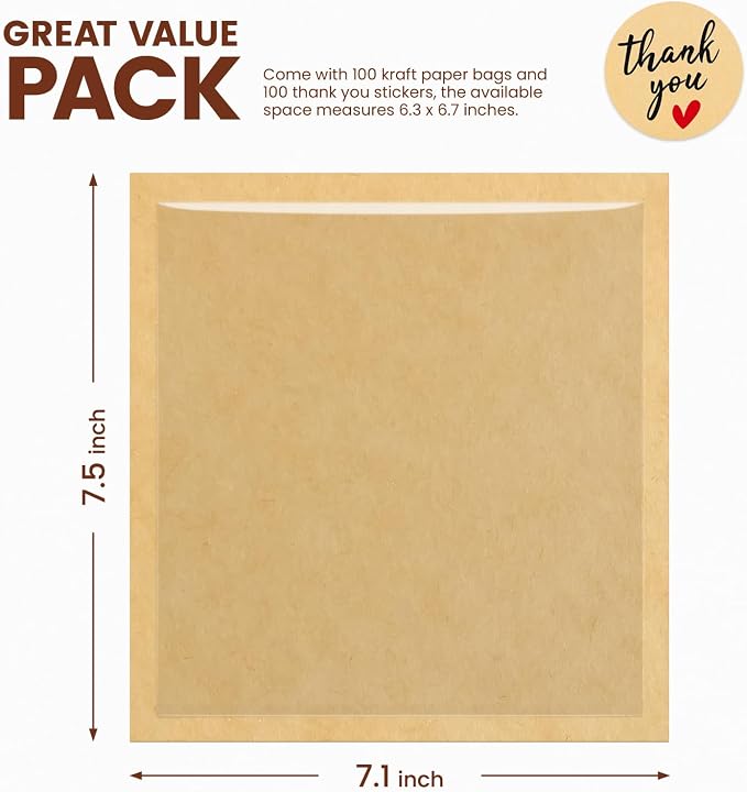 100 Pack Cookie Bags with Seal, 7.1x7.5 Inch Heat Sealable Bakery Bags with Window Grease Resistant Paper Packaging Sleeves for Bake Sale Bagel, Cake Slice, Sandwich, Donut, Pastry