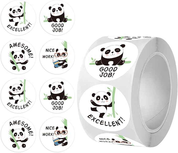 500PCS Panda Reward Stickers Roll, 1 Inch 8 Styles Round Cute Animal Panda Bamboo Kindergarten Teacher Motivational Stickers Supplies for School Classroom Home