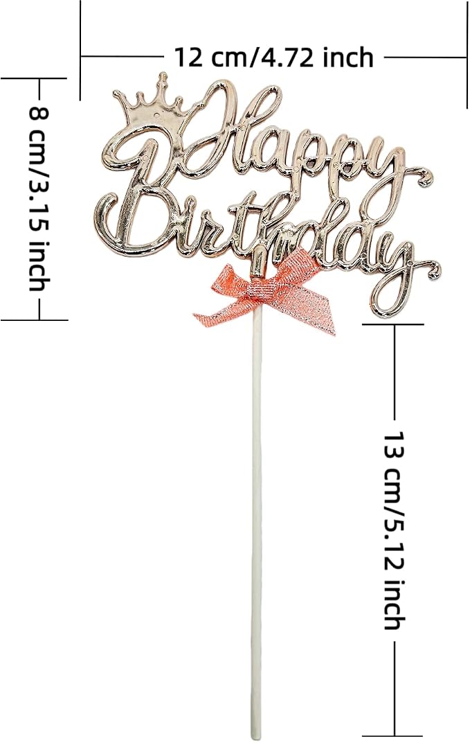 Upgraded Happy Birthday Cake Topper with Crown & Bow (Champagne)