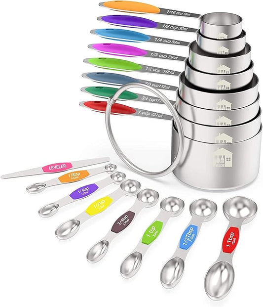 Wildone Measuring Cups and Magnetic Measuring Spoons Set, 16Pcs | 8 Stainless Measuring Cups, 7 Double-sided Magnetic Measuring Spoons & leveler for Spice Jar and Liquid Measuring, Multicolor
