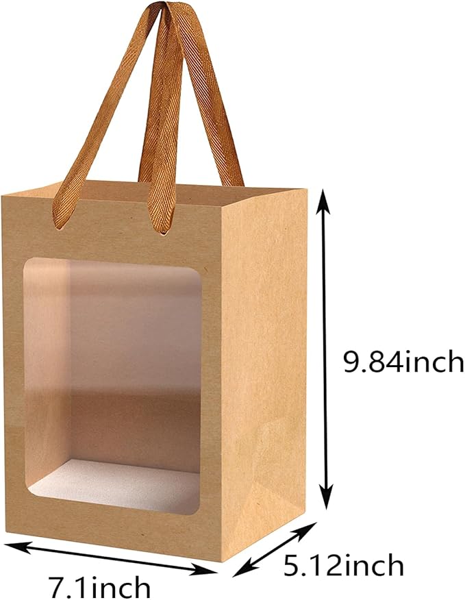 40Pcs Brown Paper Gift Bags with Transparent Window, 9.84"x7.0"x5.12" | Kraft Shopping Bags with Handles for Bouquet Christmas Birthdays Festivals Party Weddings Wrapping