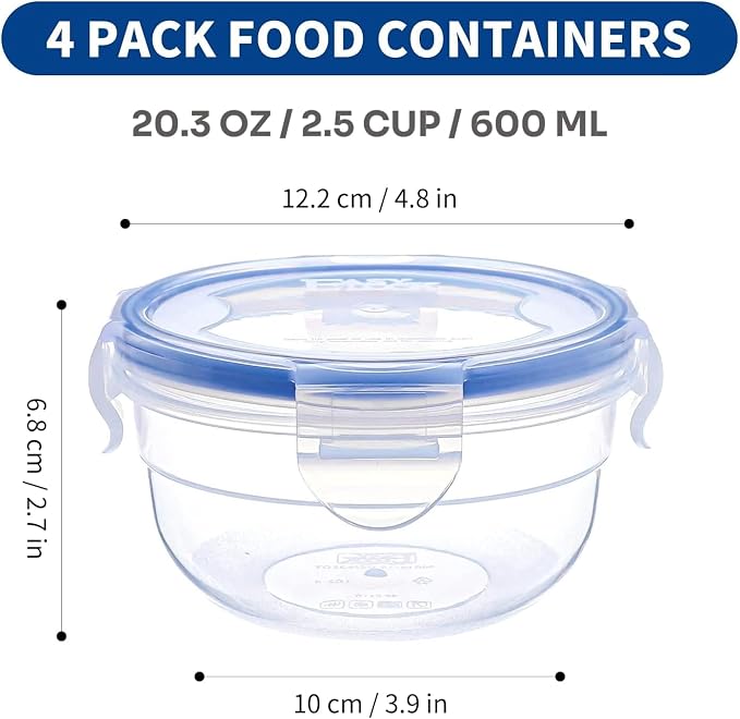 KIGI 4 PACK 20oz Plastic Round Bowls with Lid Leakproof Food Storage Container Set Small Meal Prep Containers Bento Box