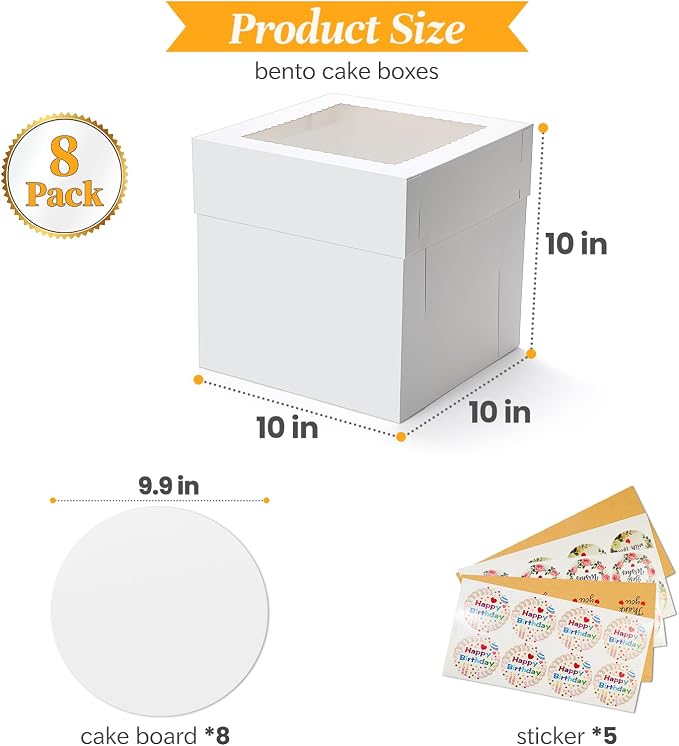 COTOPHER 16 Pcs Cake Boxes, 10x10x10 Inches Tall Cake Box with Window (8 Boxes & 8 Boards), Square Cake Containers for Multi-Layer Cakes Pastry, Birthday Party, Mother's Day, Weddings