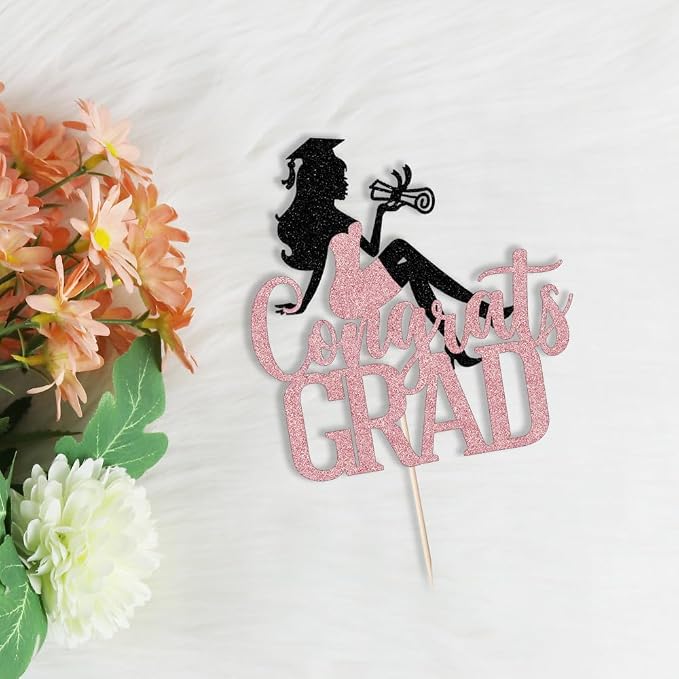 Congrats Grad Cake Topper,2026 Girl Graduation Cake Topper, Congrats Grad Decorations,2026 High School/College/Senior Graduation Party Decorations Supplies(Black rose)