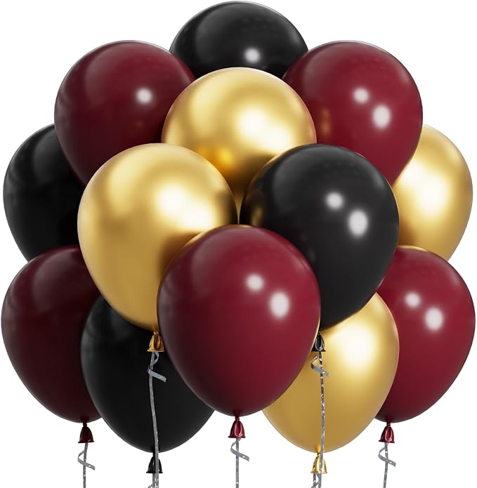 SUWEN Maroon and Gold Balloons, 60Pcs 12inch Burgundy Metallic Gold and Black Latex Balloons Kit for Birthday Graduation Anniversary Party Decoration