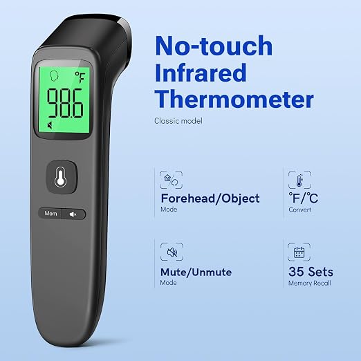 Forehead Thermometer for Adults and Kids, Fast Accurate Thermometer with Fever Alarm, 1S Reading & Silent Mode, Easy to Use for Baby, Kids & Elderly (Black)