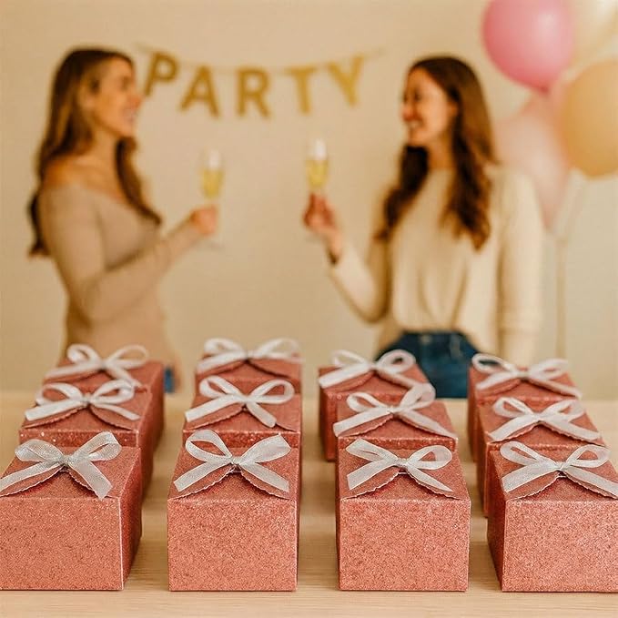 WEWILUCK Red Glitter Gift Boxes 4x4x4 Inch, Small Cube Favor Boxes with Silver Ribbon, Sparkly Paper Gift Box for Wedding, Party Favors, Christmas, Candy & Treat Packaging