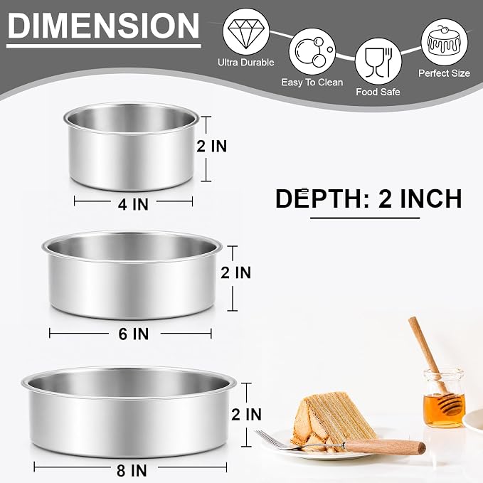 Leonyo 4-6-8 Inch Round Cake Pans Set of 3, Molds Tin for Baking, 2In Deep | Bake a multi-layer cake — perfect for celebrating weddings, birthdays, housewarmings, and graduations