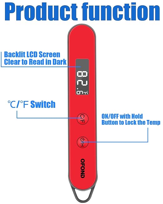 Instand Read Thermometer for Cooking, Digital Meat Thermometer Magnetic One AAA Battery, Folding Food Temp for Grill, BBQ, Steak, Candy, Large Screen, Pocket Kitchen Utensils & Gadgets (Red)